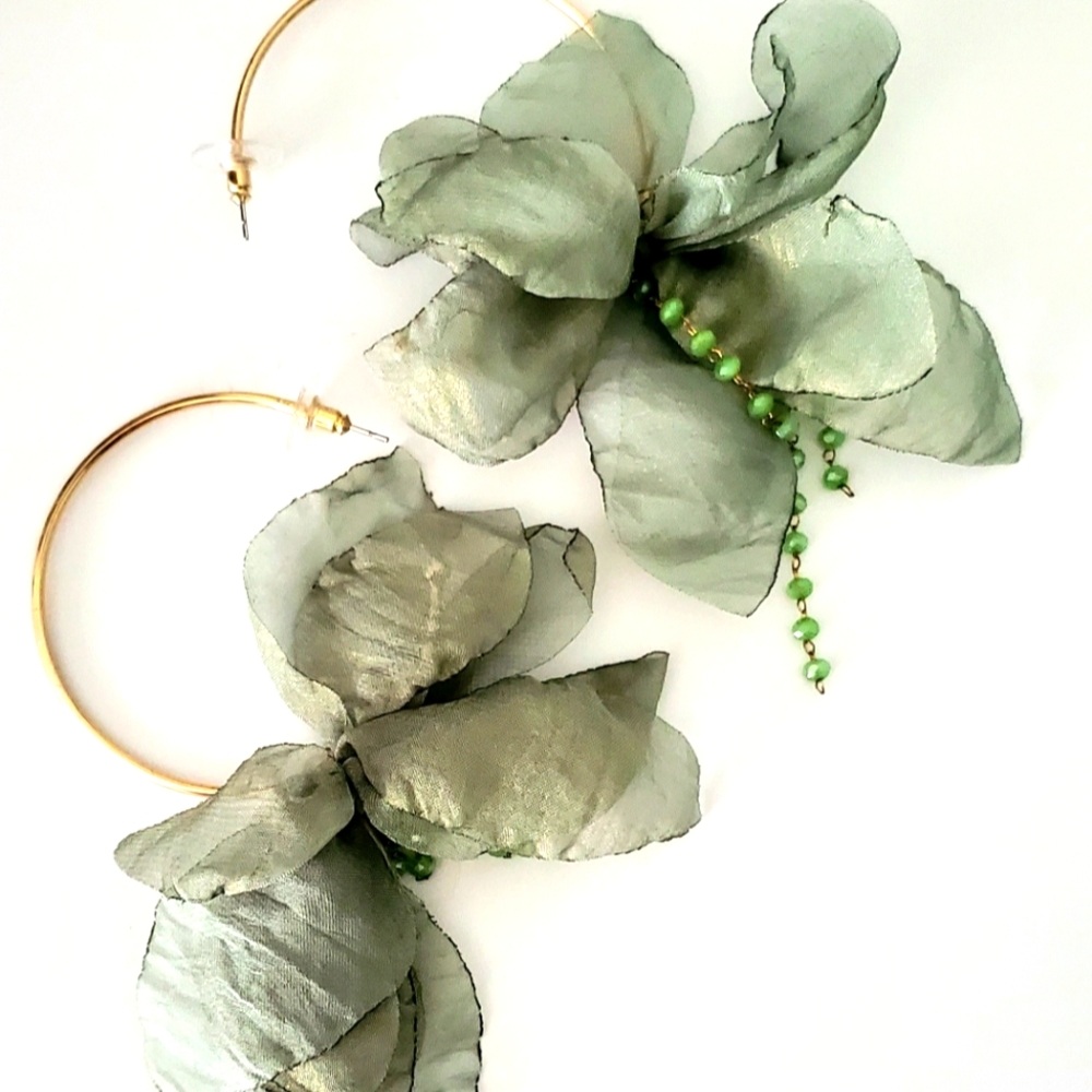 Luxury Blossom silk earrings green hoops